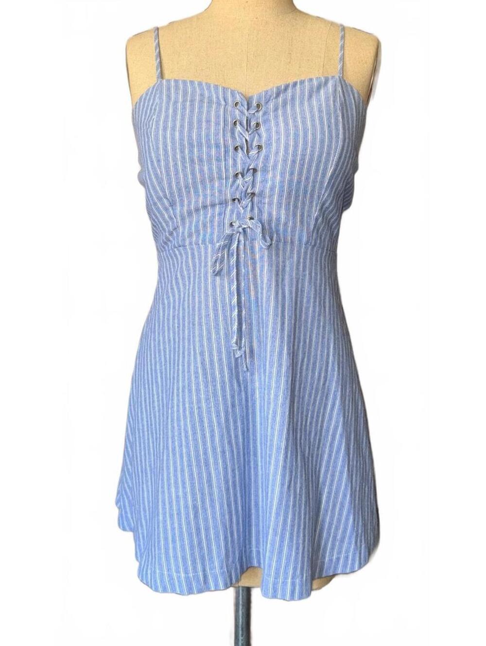 Blue White Striped Lace Up Corset Sundress Size Medium
